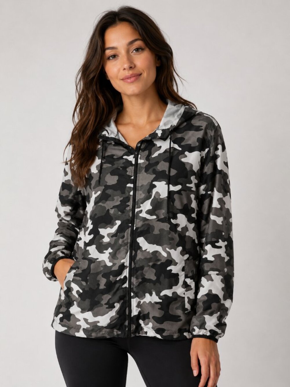 Elwood Gray Black White Camo Lightweight Hooded Windbreaker Jacket Women's XL